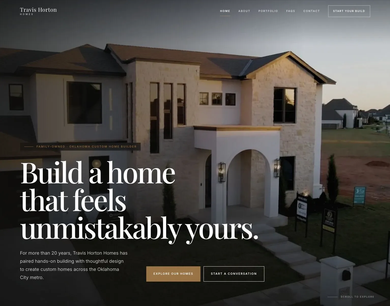 The completed Travis Horton Homes homepage with a custom-home video and editorial typography